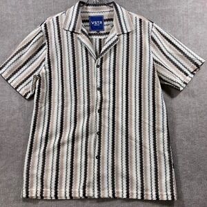 VSTR Men Striped Crochet Knit Camp Shirt Short Sleeve M Cuban Collar Button Up